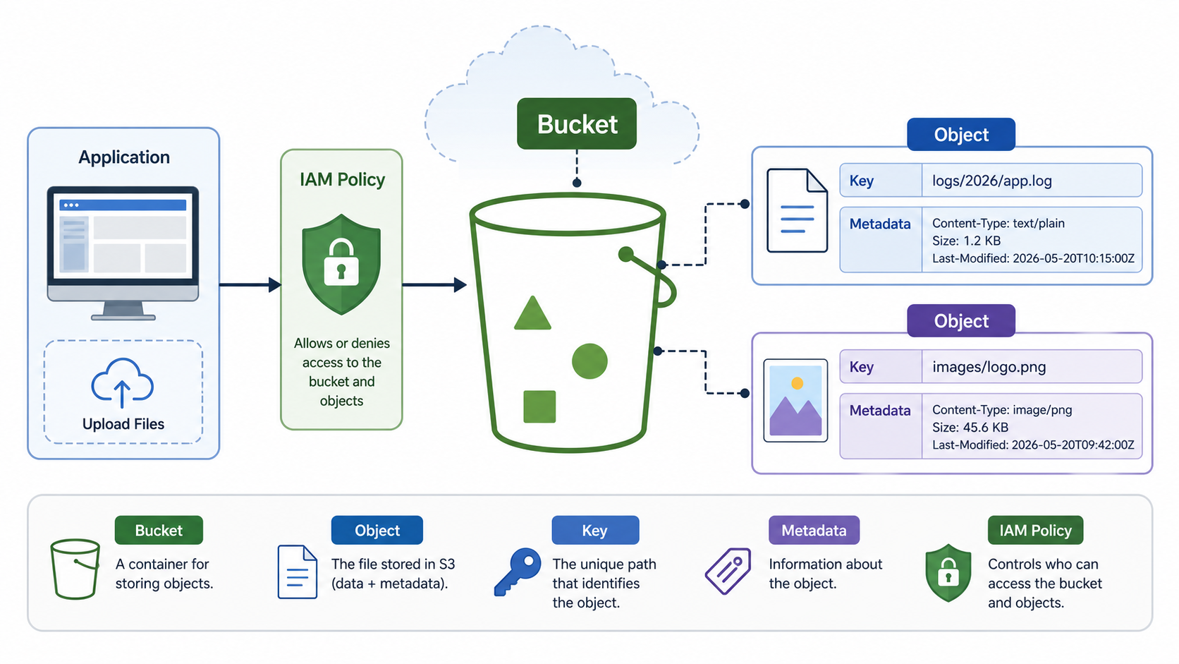 Diagram explaining Amazon S3 buckets, objects, keys, metadata, and IAM policy access flow.