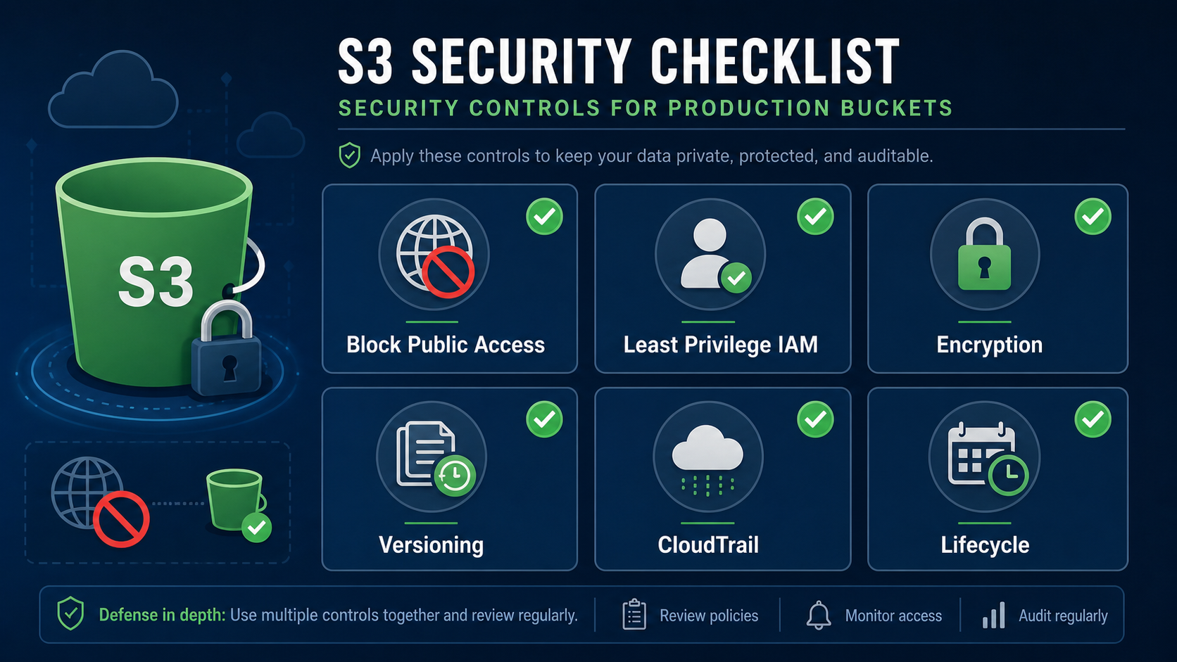 Amazon S3 production security checklist showing public access blocking, least privilege IAM, encryption, versioning, CloudTrail, and lifecycle controls.