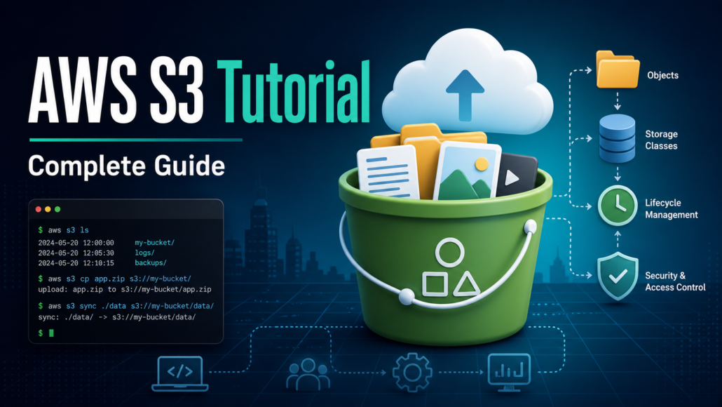 AWS S3 Tutorial: The Complete Guide featured image showing cloud object storage, security, lifecycle, and CLI concepts.