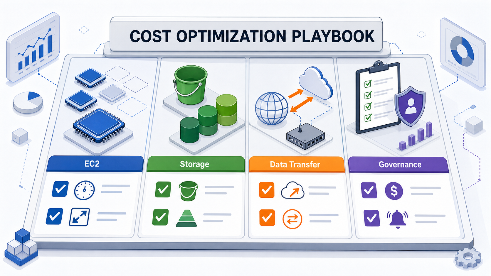 AWS cost optimization playbook showing EC2 rightsizing, storage tiering, data transfer review, and governance alerts.