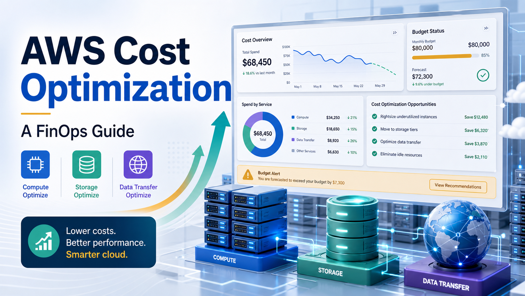 AWS Cost Optimization: A FinOps Guide featured image showing cloud spend dashboards, compute, storage, and data transfer savings opportunities.