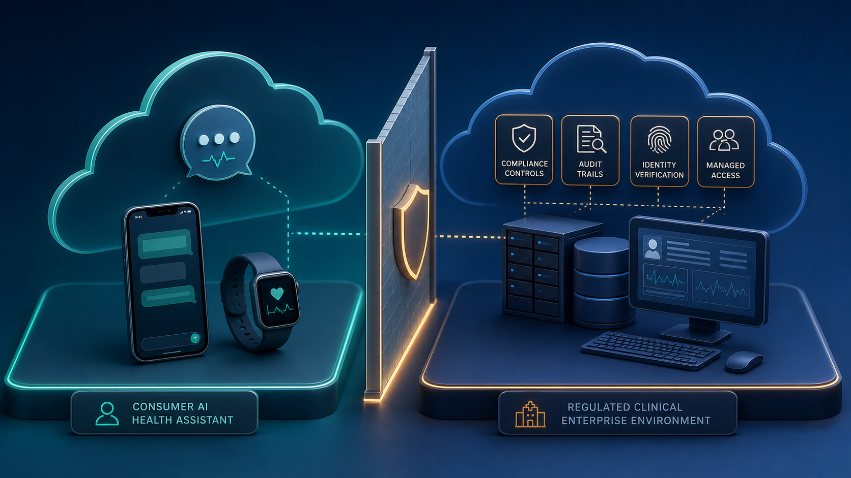 Consumer AI health assistant separated from a regulated clinical enterprise environment with audit and identity controls