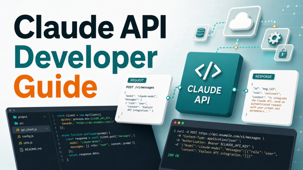 Claude API Developer Guide featured image with API request and response cards