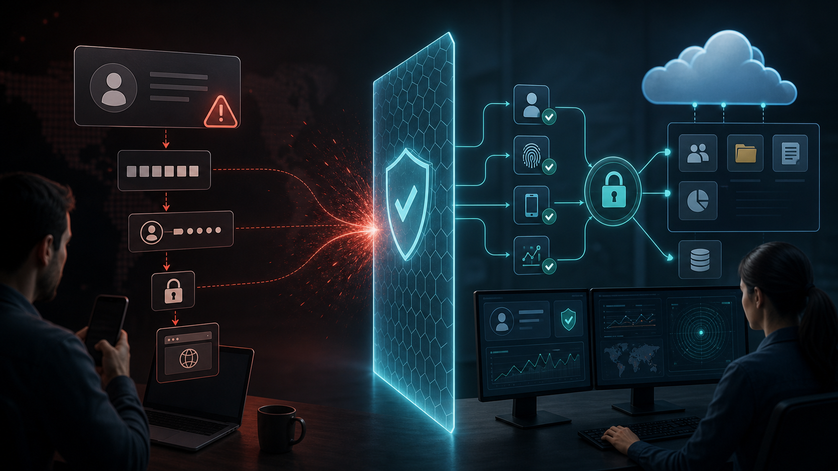 Identity security scene showing a suspicious device-code phishing flow being blocked before Microsoft 365 token theft.