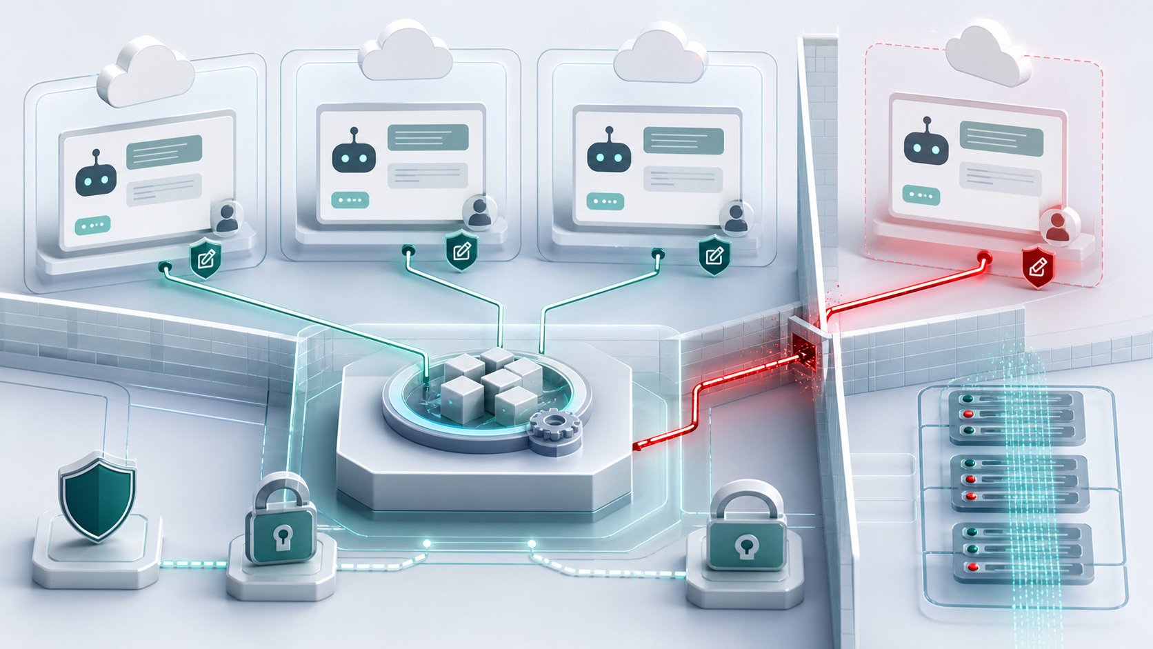 Cloud chatbot agents connected to a shared managed runtime with a red permission path crossing a control boundary