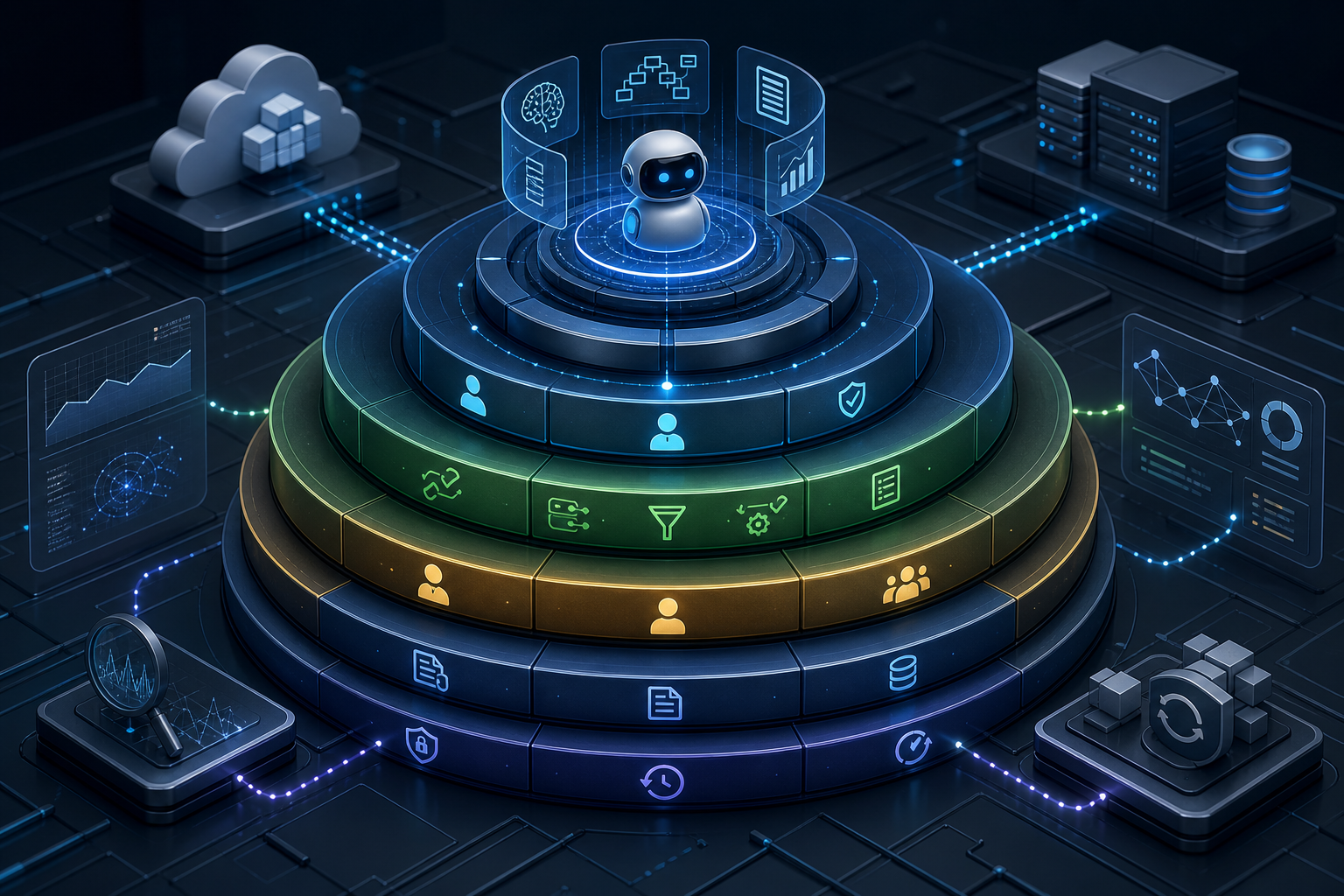 Layered enterprise AI control plane showing identity, approvals, audit logs and observability around agent actions