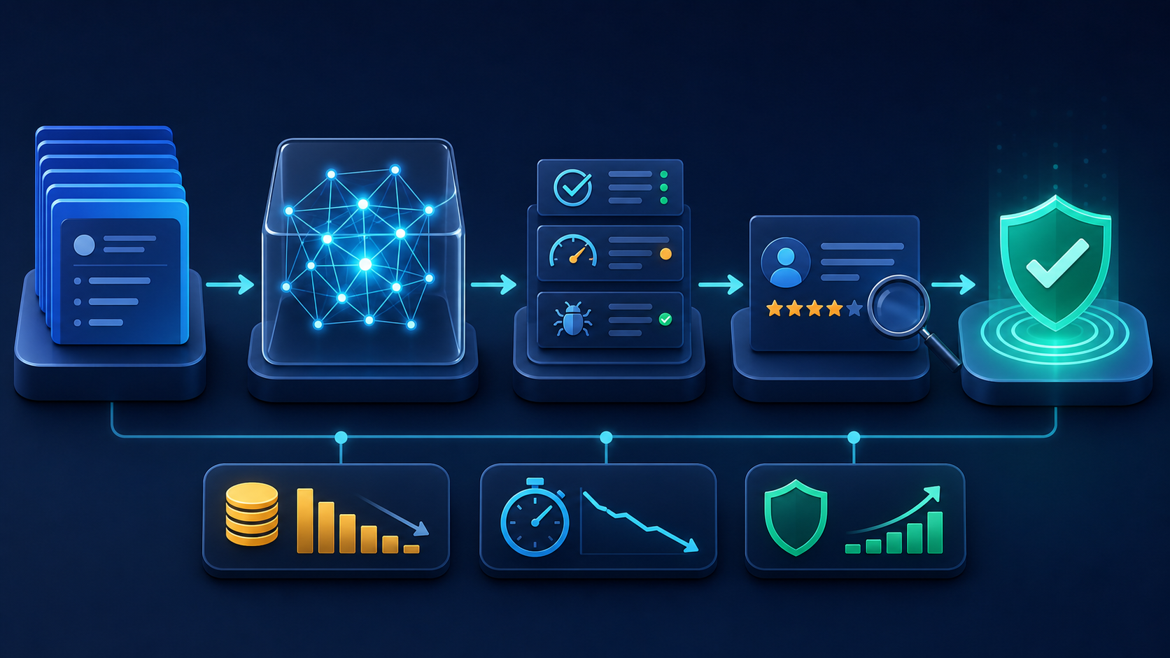 Enterprise AI task pipeline moving from work intake through model execution, automated tests and human review to a verified result