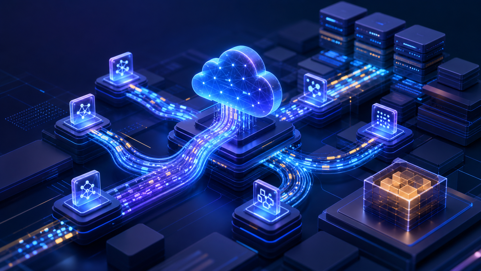 Abstract production AI operations center showing efficient agent workflows, token streams and cloud infrastructure