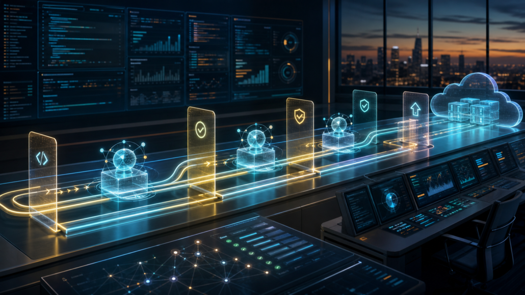 Illustration of governed AI agents running inside a CI/CD delivery pipeline