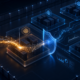 Abstract editorial illustration of an autonomous AI agent moving through secured cloud infrastructure