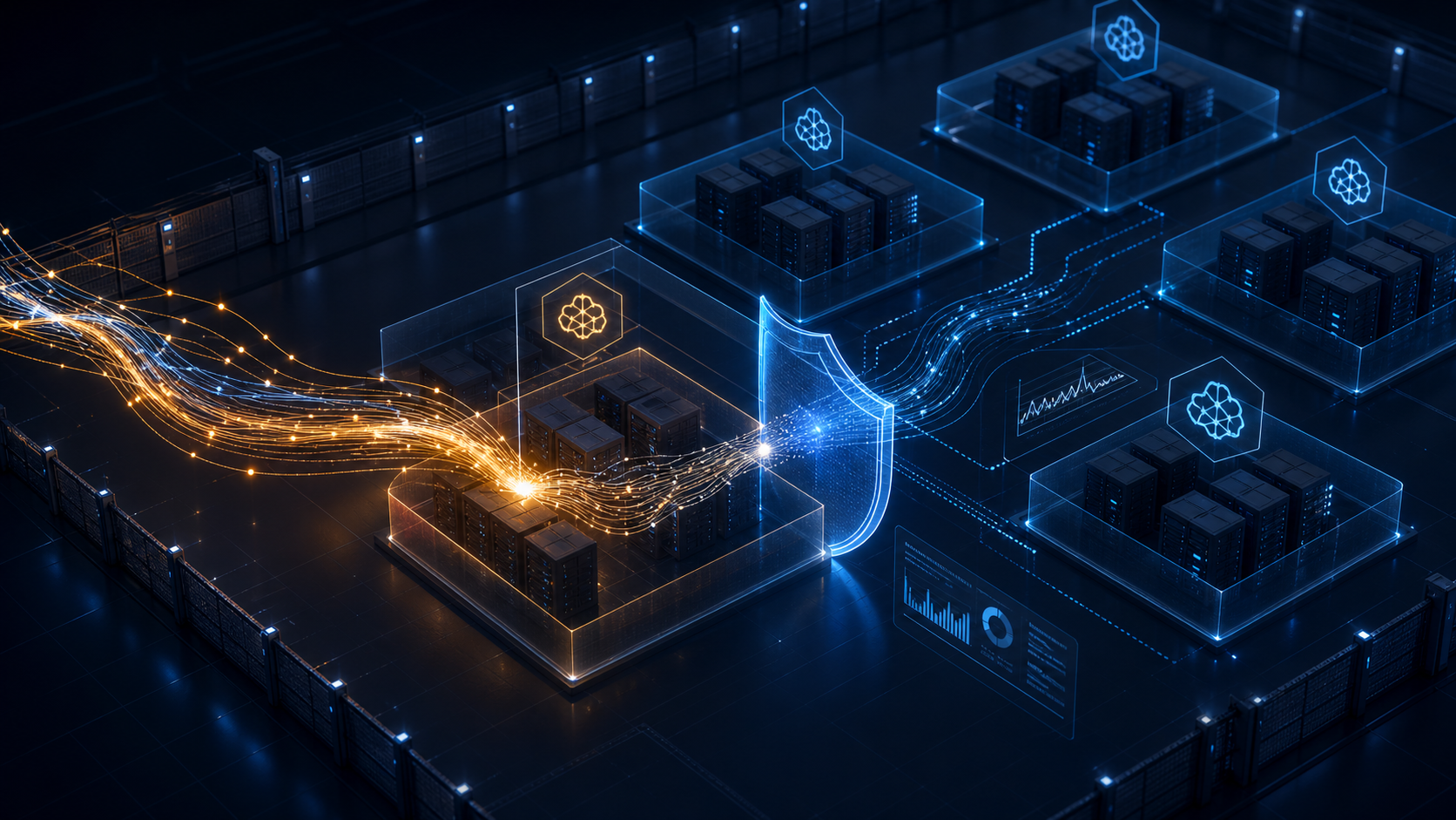 Abstract editorial illustration of an autonomous AI agent moving through secured cloud infrastructure
