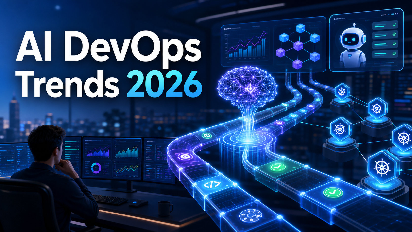 AI DevOps Trends 2026 thumbnail showing intelligent CI/CD pipelines, AI automation, observability dashboards, and Kubernetes operations.