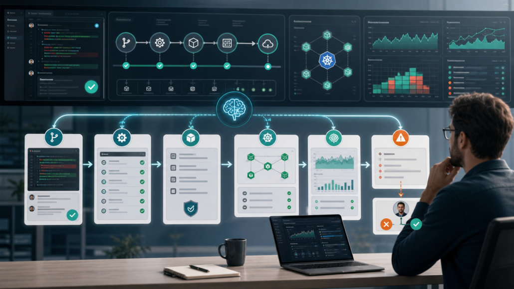 AI DevOps workflow dashboard for CI/CD, AIOps, and incident response in 2026