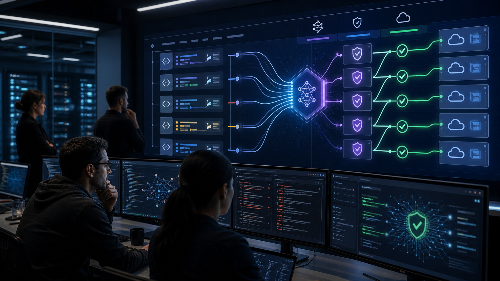 AI security agents reviewing government code repositories on a DevSecOps dashboard