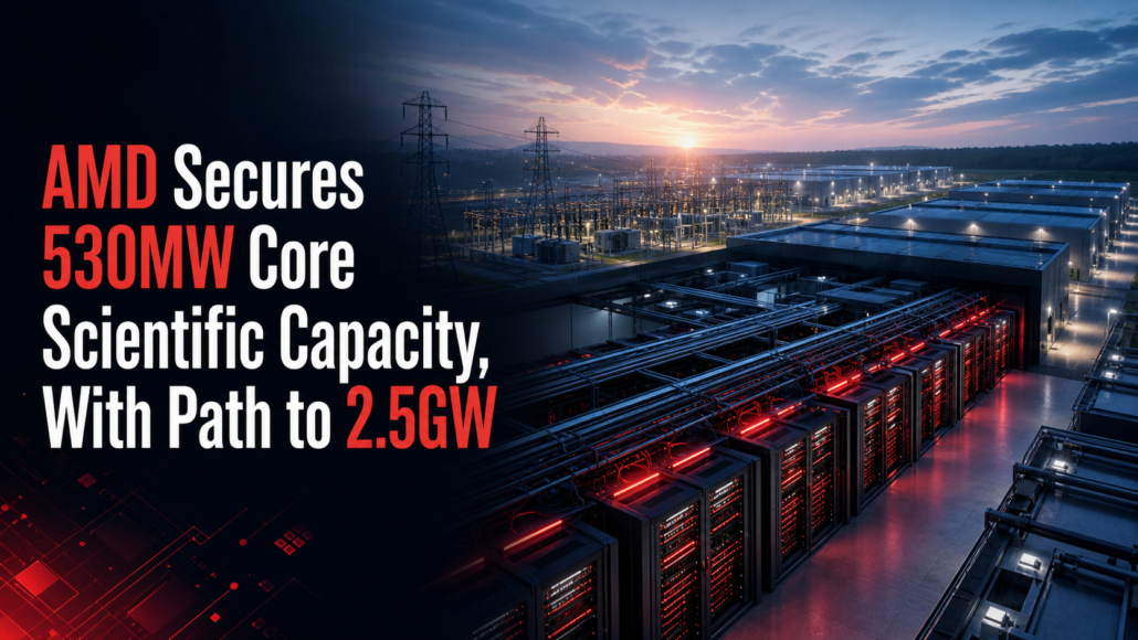 AI data-centre campus and accelerator racks illustrating AMD capacity secured from Core Scientific.