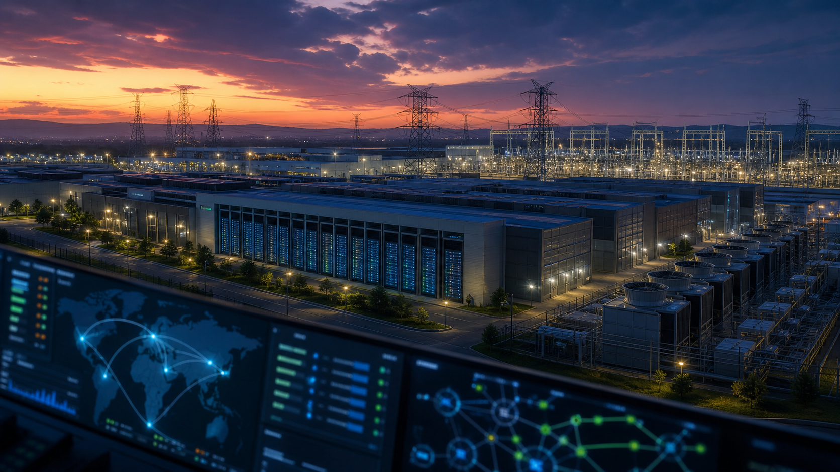 AI data center campus at dusk connected to power transmission lines and operations dashboards