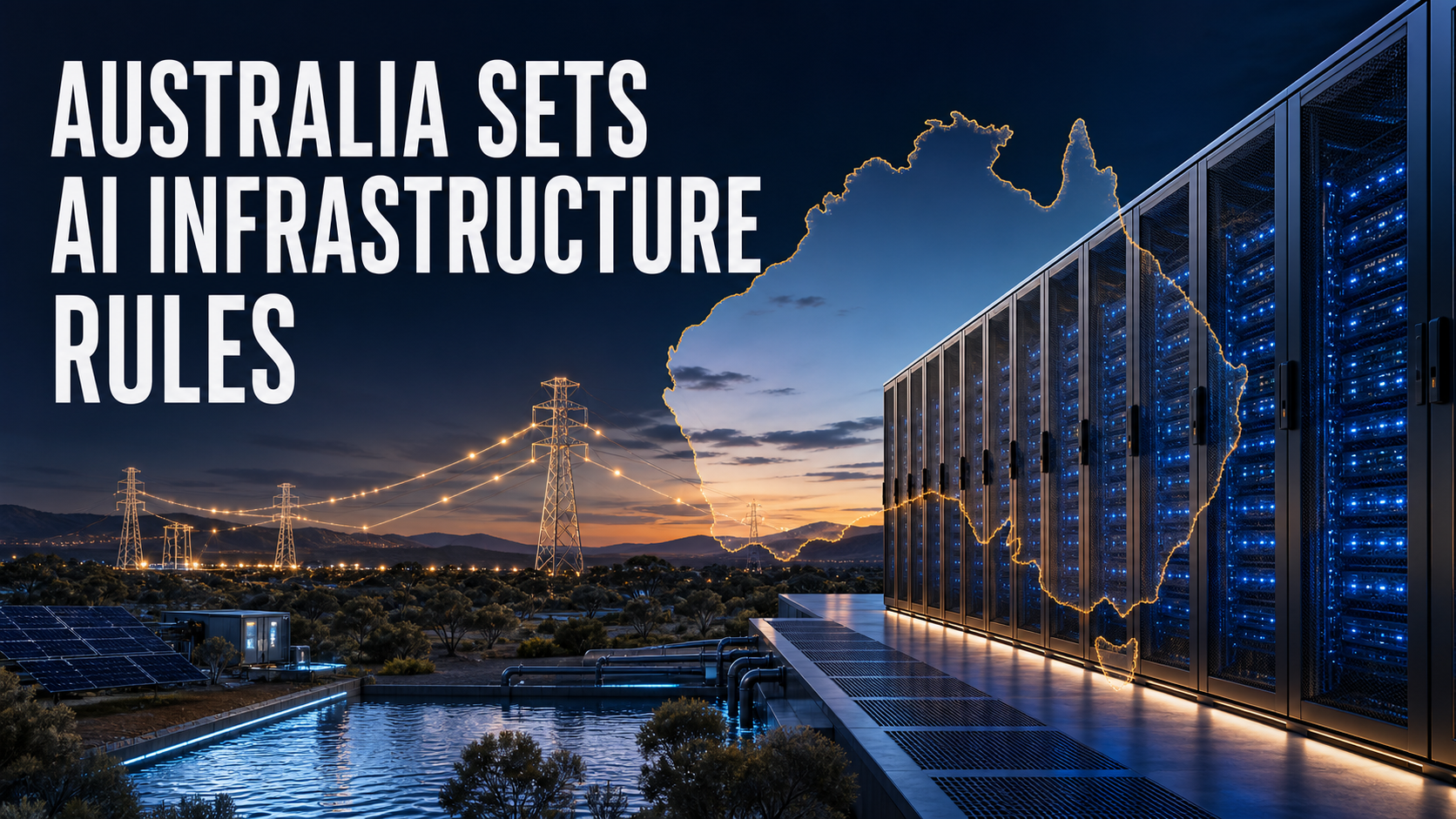 Australian AI data centre beside power-grid and water-cooling infrastructure