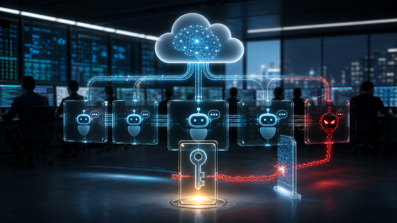 AI chatbot agents connected to a shared cloud runtime with a highlighted permission key and contained rogue path