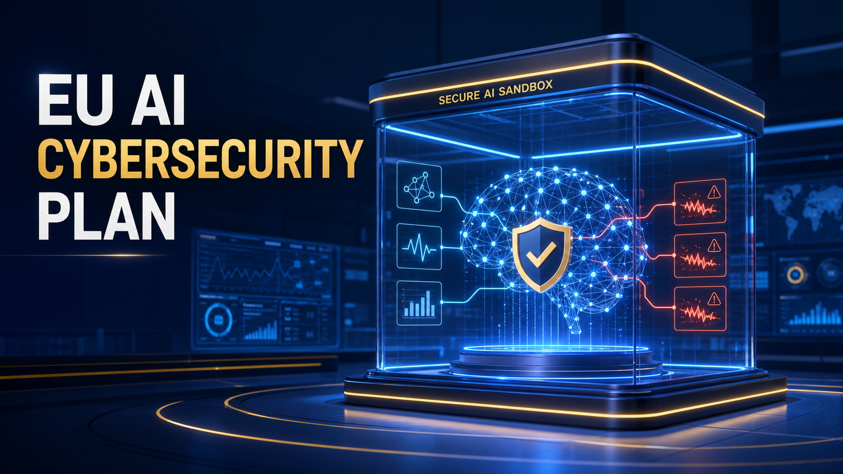 Illustration of an advanced AI model secured inside a European cybersecurity testing sandbox