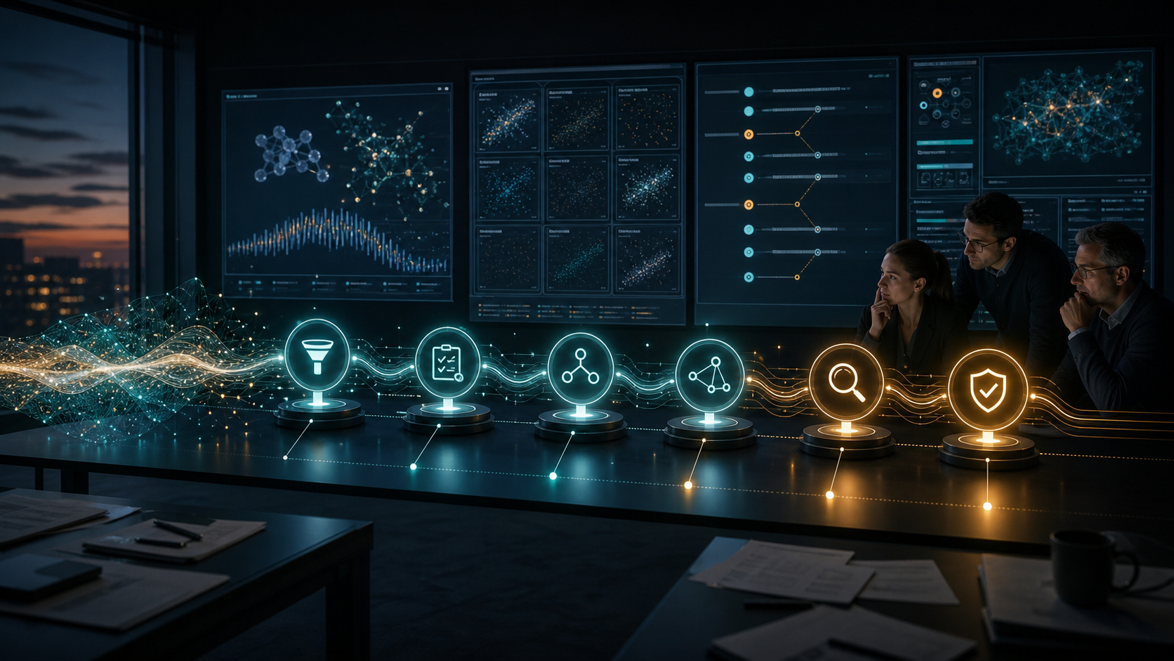 Editorial illustration of AI agents inspecting scientific datasets, audit trails and review checkpoints before release.