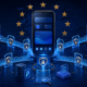 Editorial illustration of an Android phone opening secure system interfaces to multiple AI assistants under European rules