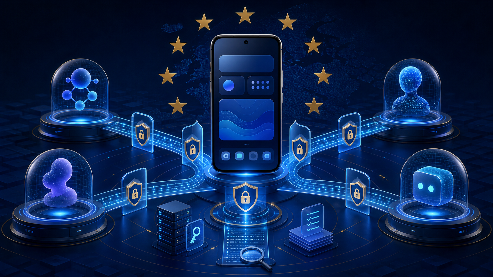Editorial illustration of an Android phone opening secure system interfaces to multiple AI assistants under European rules