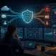 Editorial security operations scene showing AI-assisted phishing detection across cloud email, identity and risk-scoring dashboards.