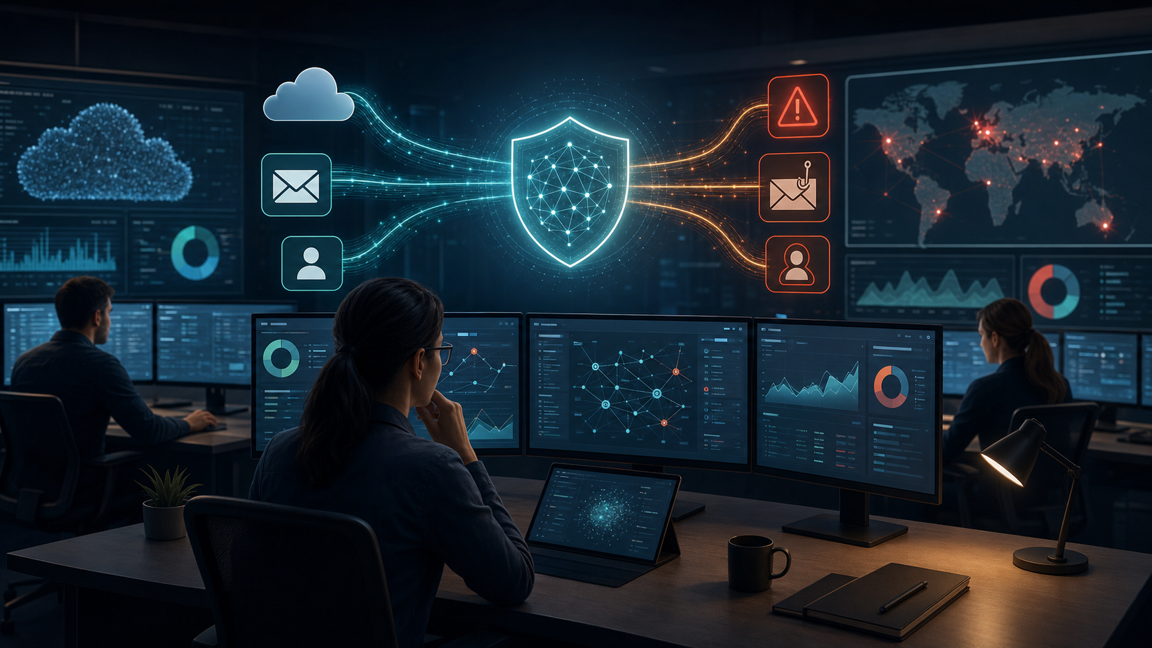 Editorial security operations scene showing AI-assisted phishing detection across cloud email, identity and risk-scoring dashboards.