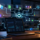 Enterprise AI agents connecting workplace apps, code repositories, deployment pipelines and cloud operations dashboards at an evening desk.