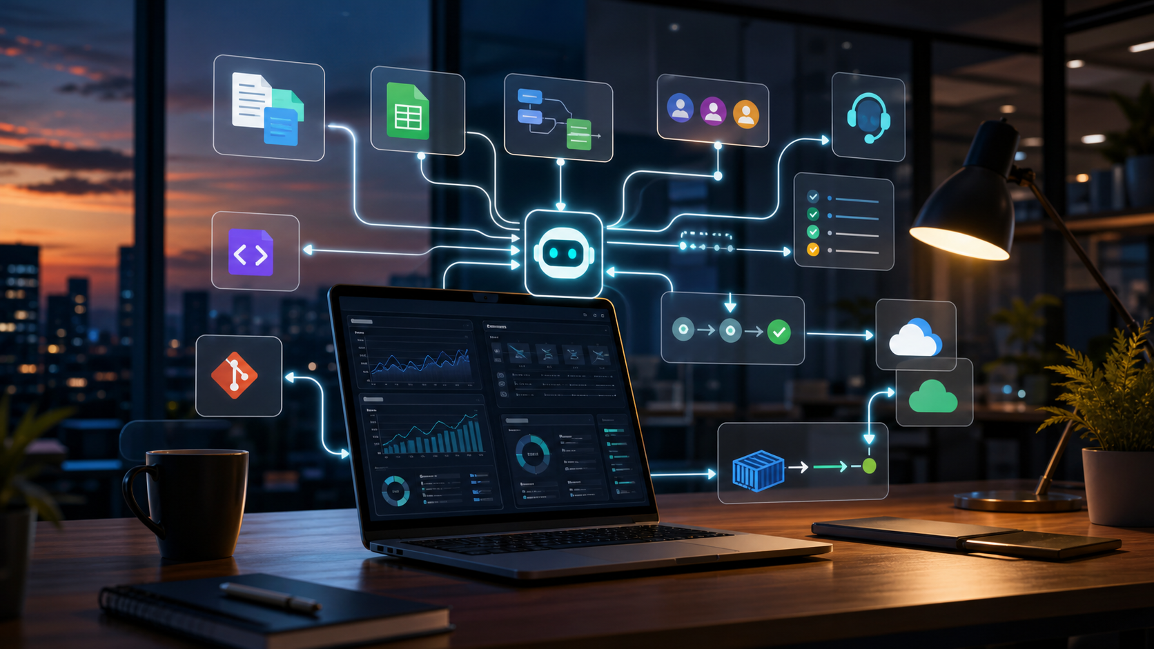 Enterprise AI agents connecting workplace apps, code repositories, deployment pipelines and cloud operations dashboards at an evening desk.