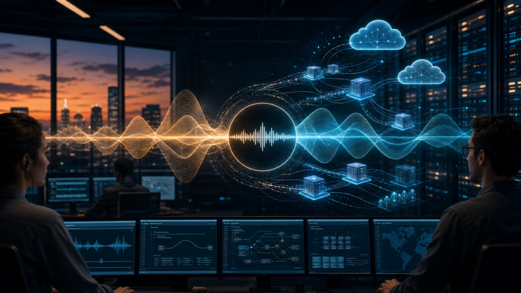 Abstract voice waveform flowing through cloud infrastructure dashboards for an AI operations news story