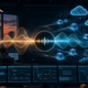 Abstract voice waveform flowing through cloud infrastructure dashboards for an AI operations news story