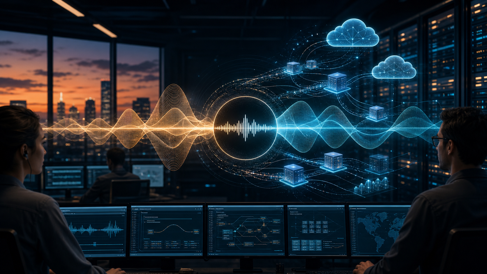 Abstract voice waveform flowing through cloud infrastructure dashboards for an AI operations news story