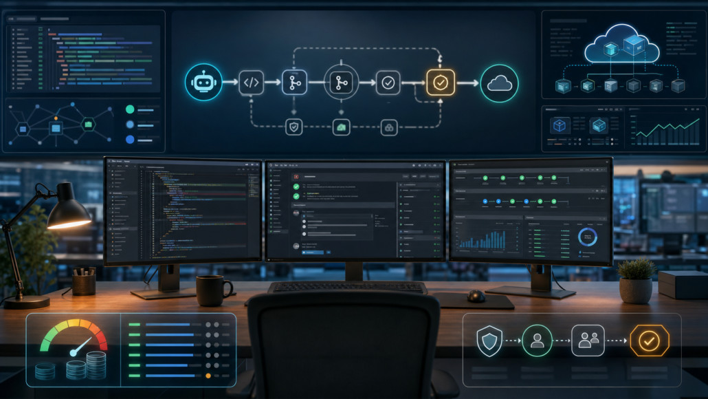 Editorial image of AI coding agents, DevOps dashboards, cloud infrastructure and cost controls for Claude Sonnet 5 coverage.