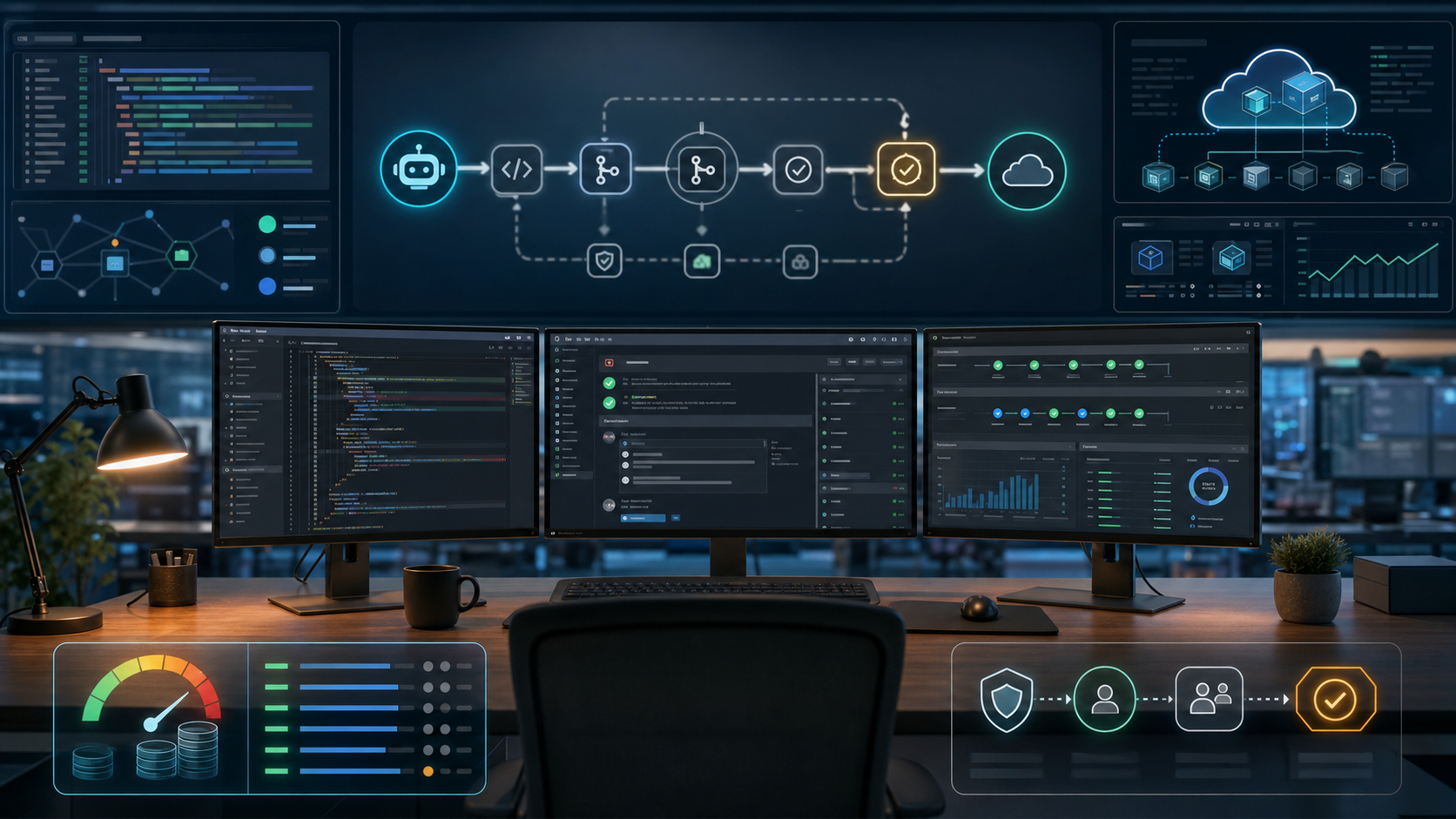 Editorial image of AI coding agents, DevOps dashboards, cloud infrastructure and cost controls for Claude Sonnet 5 coverage.