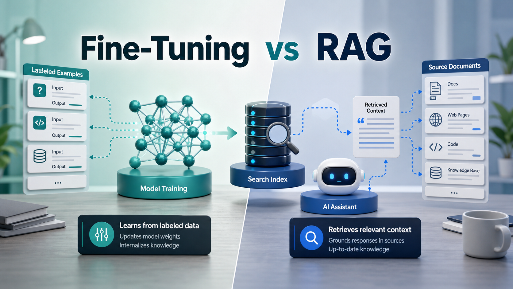 Fine-tuning vs RAG comparison thumbnail showing model training and retrieval pipelines