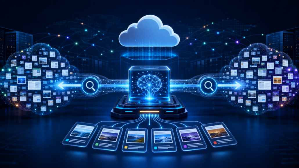 Cloud AI agent connecting to parallel live web search paths and cited source cards