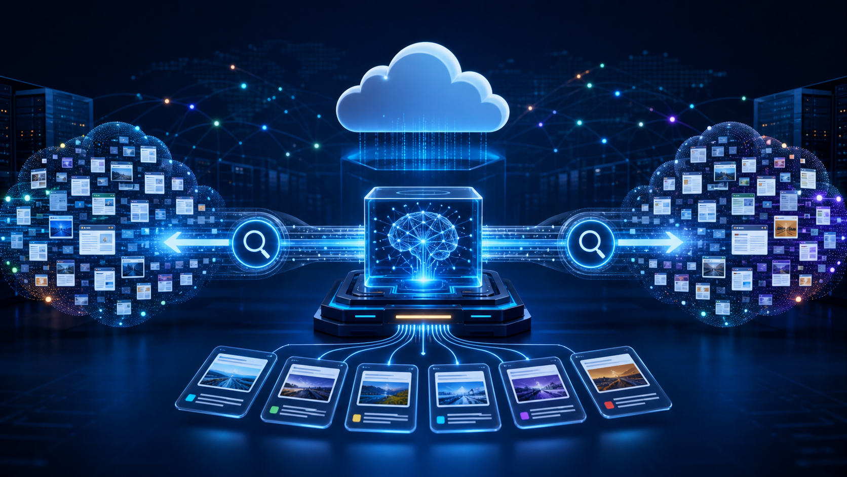 Cloud AI agent connecting to parallel live web search paths and cited source cards