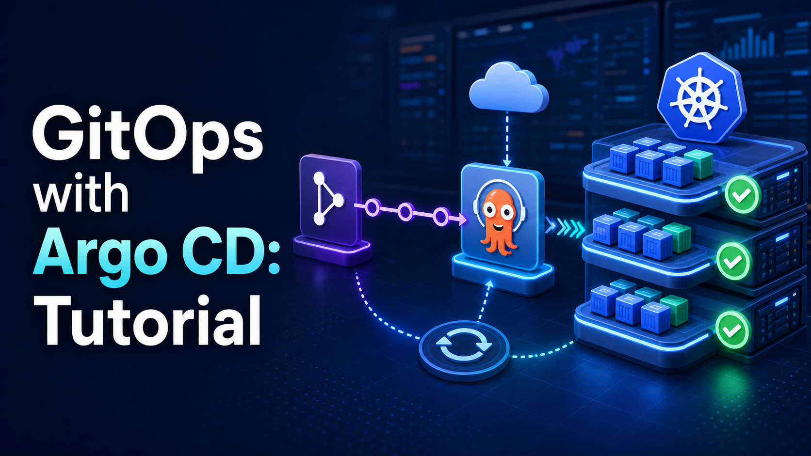 Featured image for GitOps with Argo CD tutorial showing Git, Argo CD reconciliation, and Kubernetes workloads.