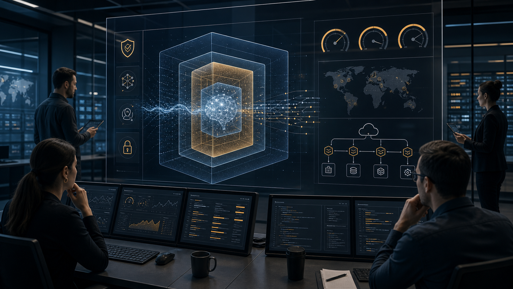 Editorial image of AI safety governance, risk scoring, and human oversight in a secure operations room