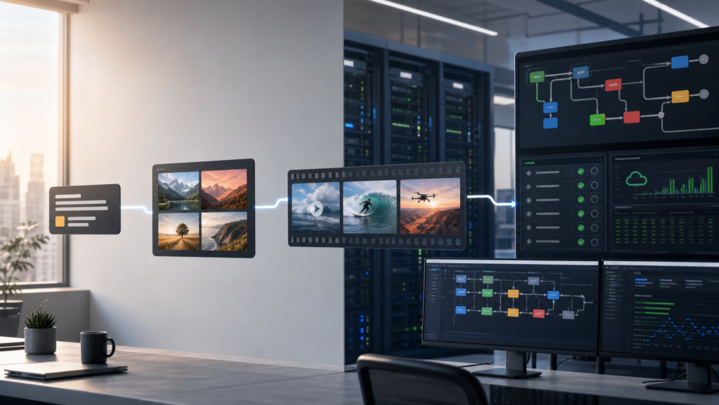 Editorial illustration of a developer media pipeline connecting prompts, generated images, video frames and cloud deployment monitors