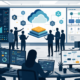 Editorial illustration of enterprise engineers using cloud and AI workflow dashboards for Microsoft Frontier Company coverage.
