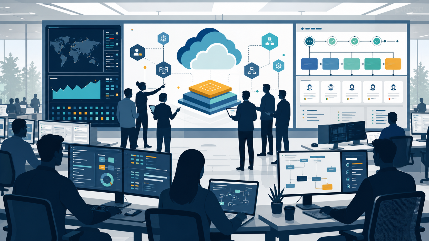 Editorial illustration of enterprise engineers using cloud and AI workflow dashboards for Microsoft Frontier Company coverage.