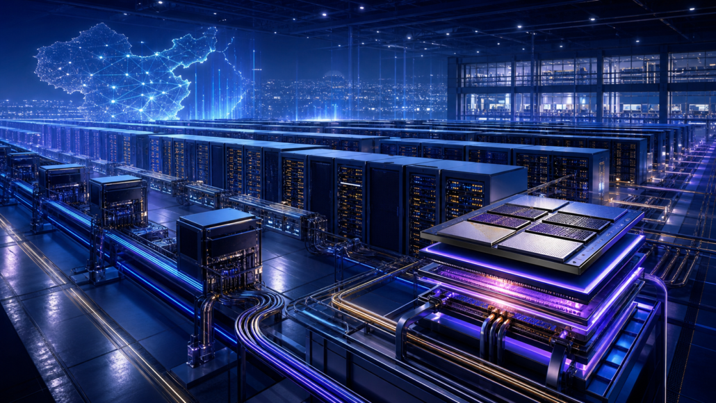Abstract editorial illustration of a large AI factory connecting Vera Rubin compute racks with HBM4 memory and cloud operations
