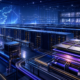 Abstract editorial illustration of a large AI factory connecting Vera Rubin compute racks with HBM4 memory and cloud operations