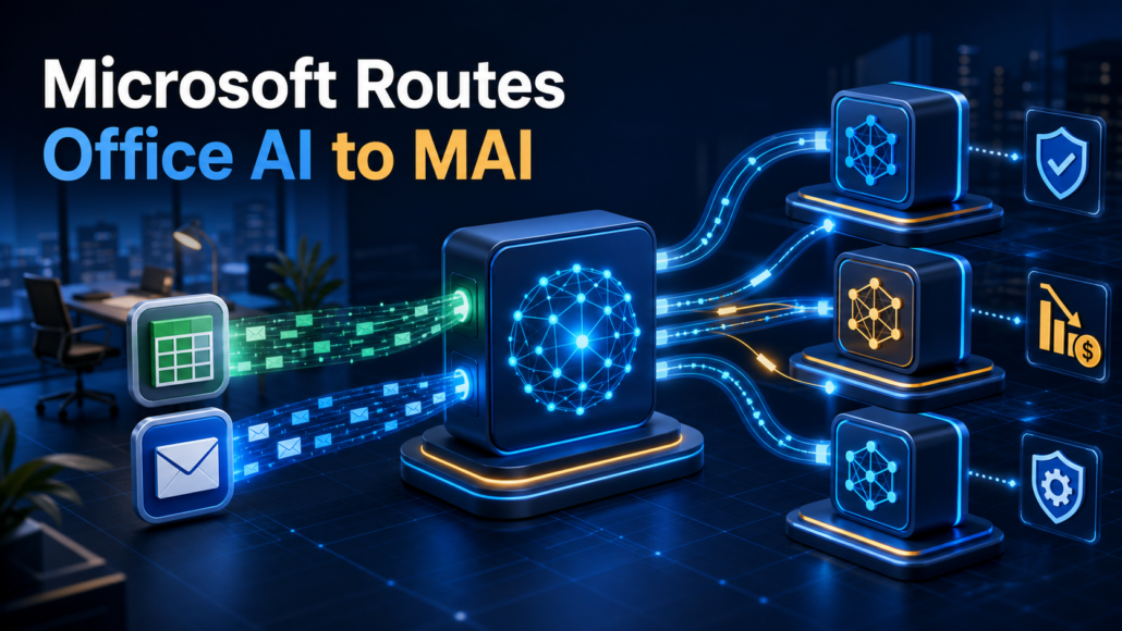 Microsoft Office AI requests flowing through a routing hub to specialized MAI models
