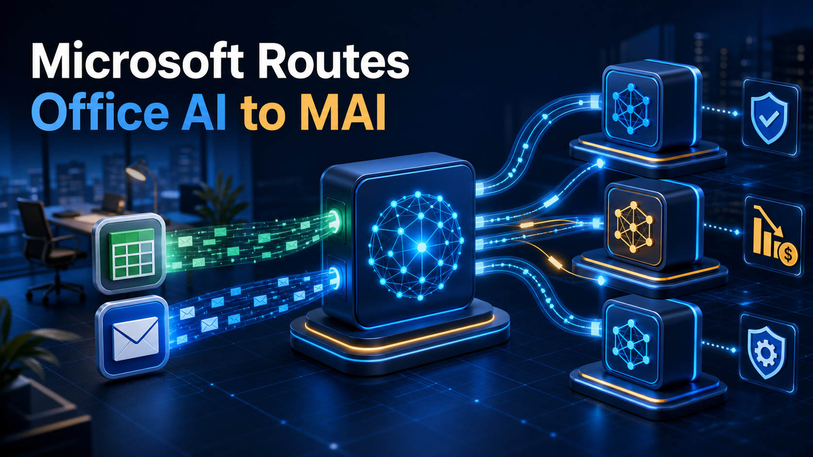Microsoft Office AI requests flowing through a routing hub to specialized MAI models