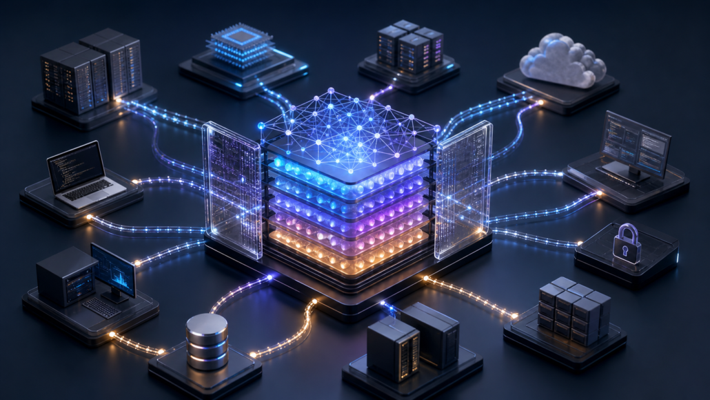 Open AI model nodes connected across cloud, chip and developer infrastructure, representing the 50-member open-weight coalition.