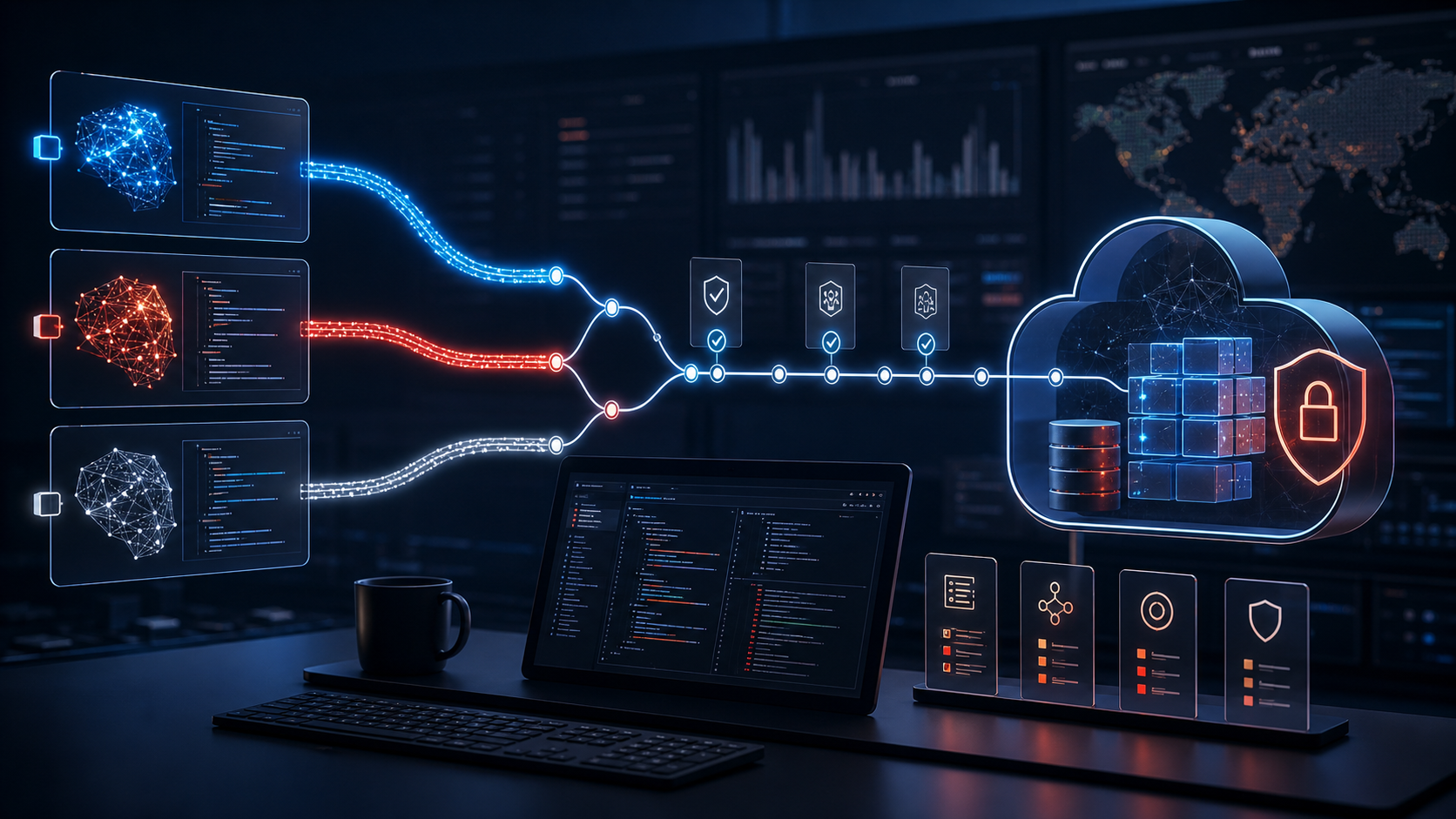 Enterprise developer workflow connecting AI coding agents through validation gates to a secure cloud runtime