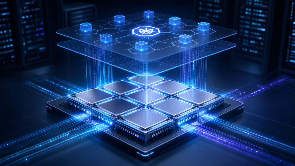 Abstract editorial view of a distributed Ray cluster routing AI workloads across connected Google Cloud TPU slices.